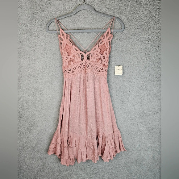 Free People Womens Adella V-Neck Sleeveless Pastel Pink Ruffle-Lace Mini Sz S - Picture 3 of 14
